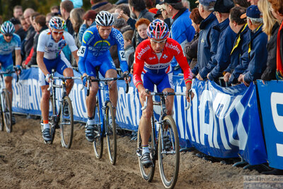 Richard Groenendaal, Geerben de Knegt and Sven Nys finish 2nd, 3rd and 1st respectively. Pijnacker, Netherlands. 2005 — AbbiOrca cycling race photography