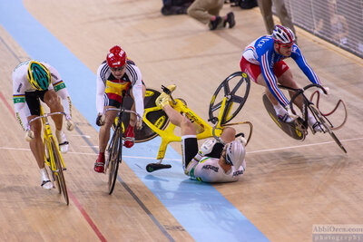 Keirin 2nd heat crash. Jobie Dajka (Australia) gets tangled up with René Wolff (Germany) and Arnaud Tournant (France) in the keirin. 2005 UCI Track World Championships. Los Angeles. 2005 UCI Track Cycling World Championships - Track Cycling - Los Angeles, United States — AbbiOrca cycling race photography