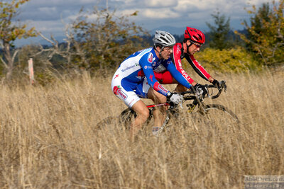 Andy Jacques-Maynes, Specialized, and Tim Johnson, Cyclocrossworld.com, battle through the field. 2005 USGP Rad Racing Cyclocross — AbbiOrca cycling race photography