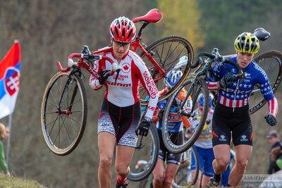Lyne Bessette, Cyclocrossworld.com leads Katie Compton, Spike-Primus Mootry up the "Knapp Time" run-up. 2006 USGP of Cyclocross Rad Racing — AbbiOrca cycling race photography