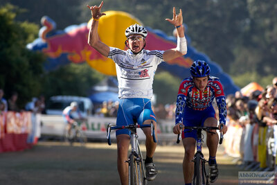 Danny Summerhill wins the sprint for 2nd place over Bjorn Selander in Jr Men and wins a trip to Worlds. When 2nd (in race) is 1st (series). USGP San Francisco Golden Gate Park. 2005 — AbbiOrca cycling race photography